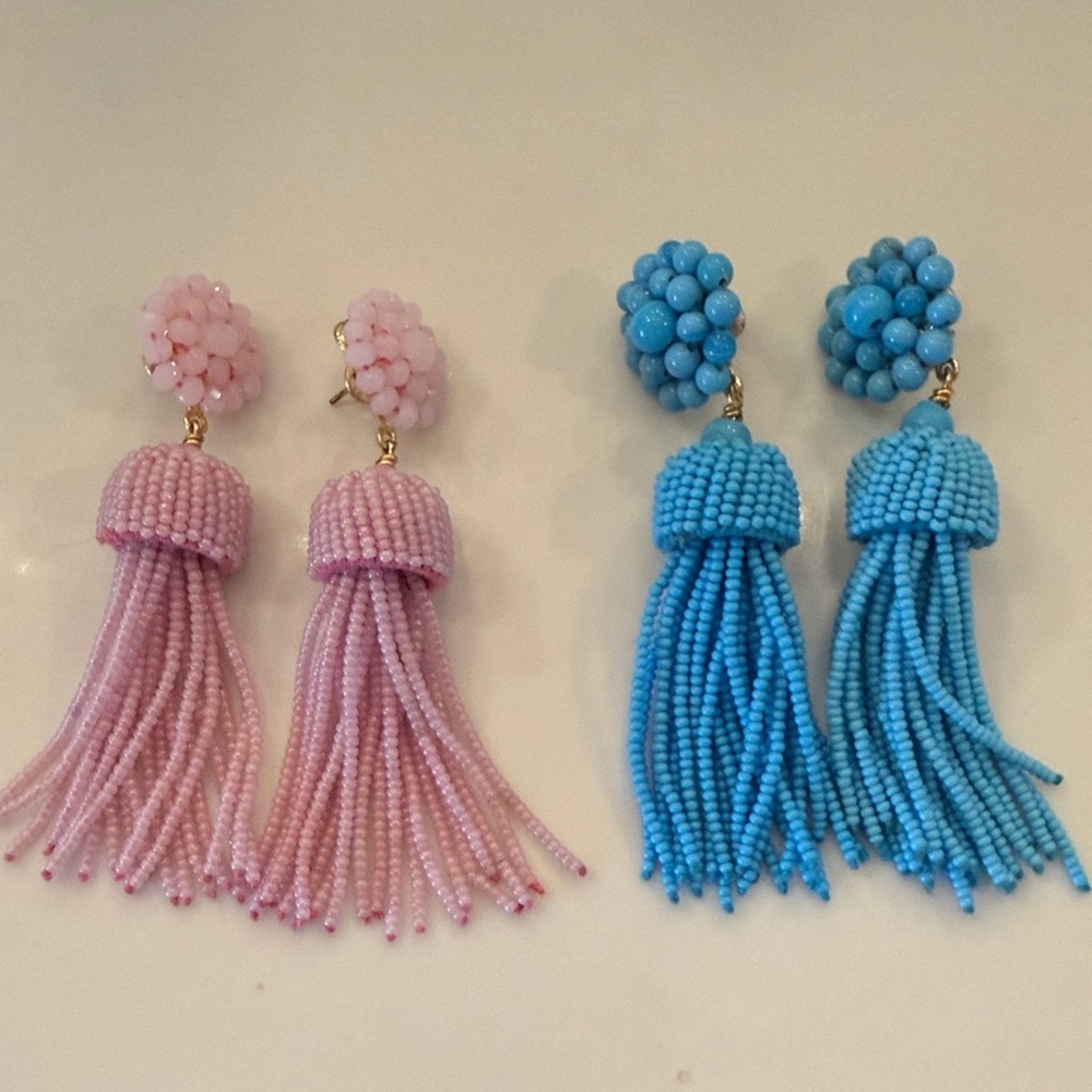 Lisa Lerch Pink and Blue Beaded Tassel Earrings
